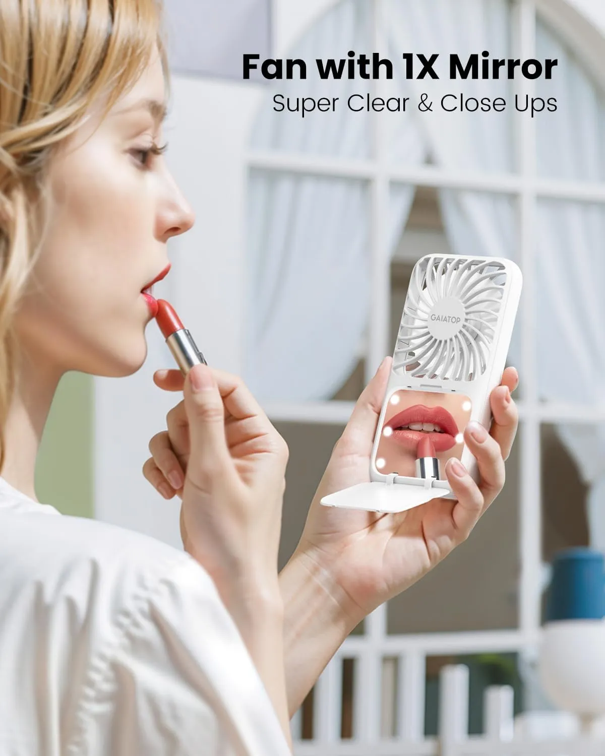Gaiatop Portable Handheld Fan, Folding Stand for Desktop, 3 Speed LED Makeup Mirror with Light, Rechargeable Mini Personal Fans Small Travel Essentials Gifts for Women Girls White