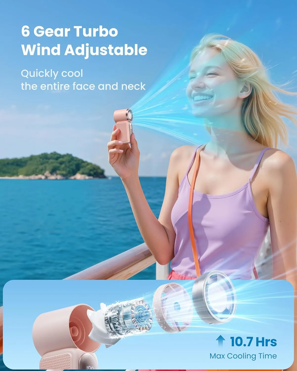 Gaiatop Portable Handheld Mini Fan, 3.5 Inch 16900 RPM High Speed Personal Fan, 6 Gears Strong Wind, LED Display, USB Rechargeable Battery Operated, Gift for Women, Makeup, Travel Outdoor, Pink