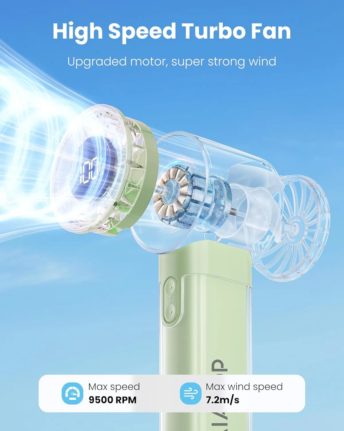 Gaiatop Portable Handheld Turbo Fan, 1-100 Adjustable High Speeds, 3-20Hrs Cooling Times, 4800mAh USB Rechargeable Portable Small Hand Fans with Lanyard for Outdoor, Travel, Ball Game, Make Up, Green