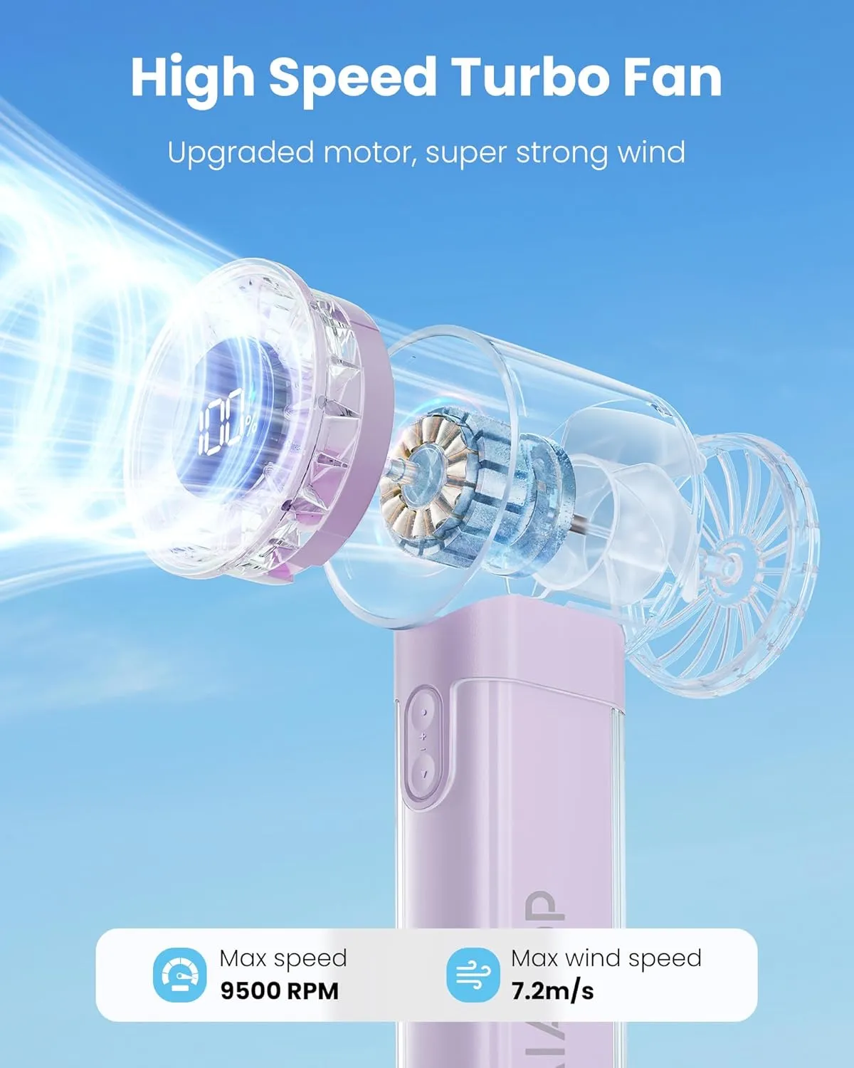 Gaiatop Portable Handheld Turbo Fan, 1-100 Adjustable High Speeds, 3-20Hrs Cooling Times, 4800mAh USB Rechargeable Portable Small Hand Fans with Lanyard for Outdoor, Travel, Ball Game, Make Up, Purple