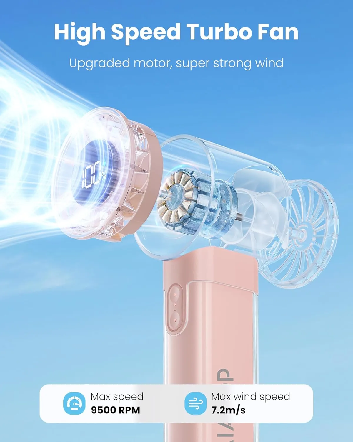 Gaiatop Portable Handheld Turbo Fan, 1-100 Adjustable High Speeds, 3-20Hrs Cooling Times, 4800mAh USB Rechargeable Portable Small Hand Fans with Lanyard for Outdoor, Travel, Home, Office, Pink