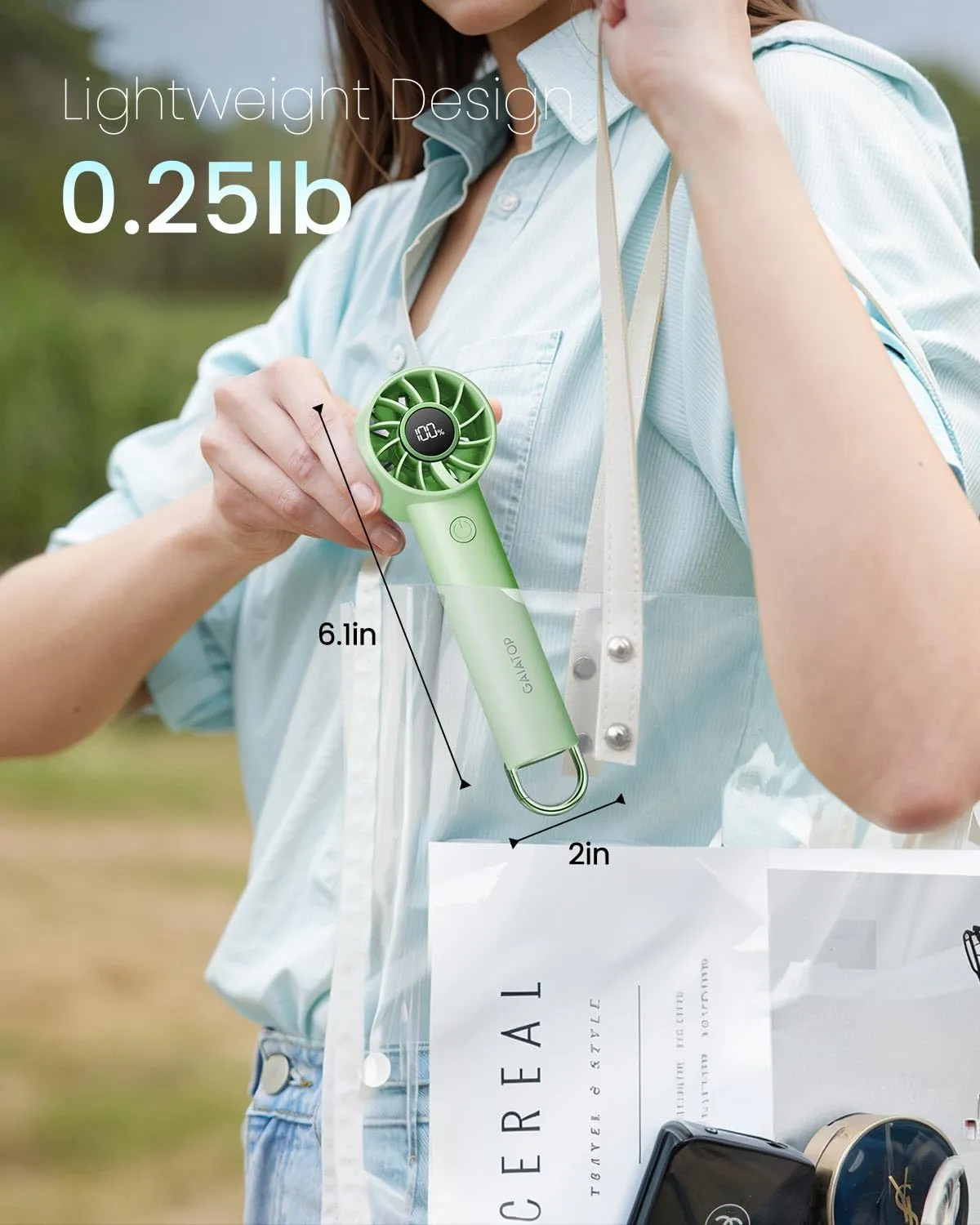 Gaiatop Portable Mini Fan, 3 Speed Handheld Fans with Power Display Flashlight, USB Rechargeable Battery, Lightweight Personal Cooling for Women Men Indoor Outdoor Travel Green