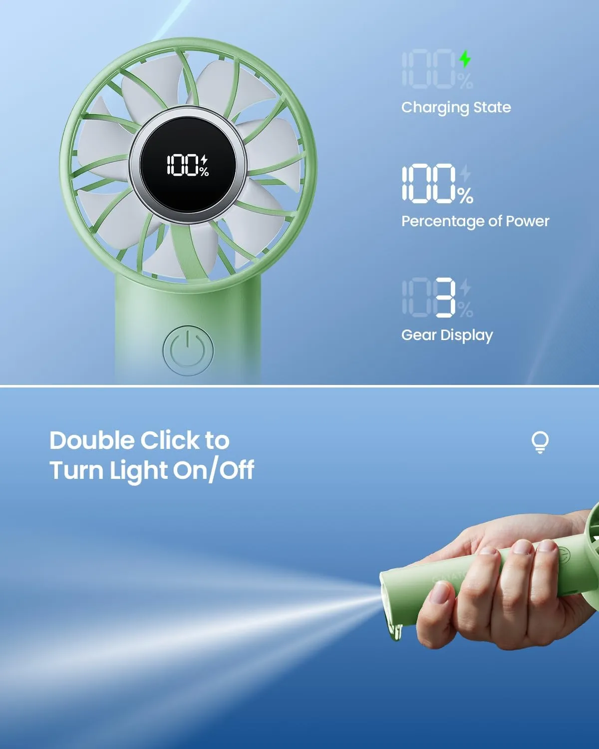 Gaiatop Portable Mini Fan, 3 Speed Handheld Fans with Power Display Flashlight, USB Rechargeable Battery, Lightweight Personal Cooling for Women Men Indoor Outdoor Travel Green