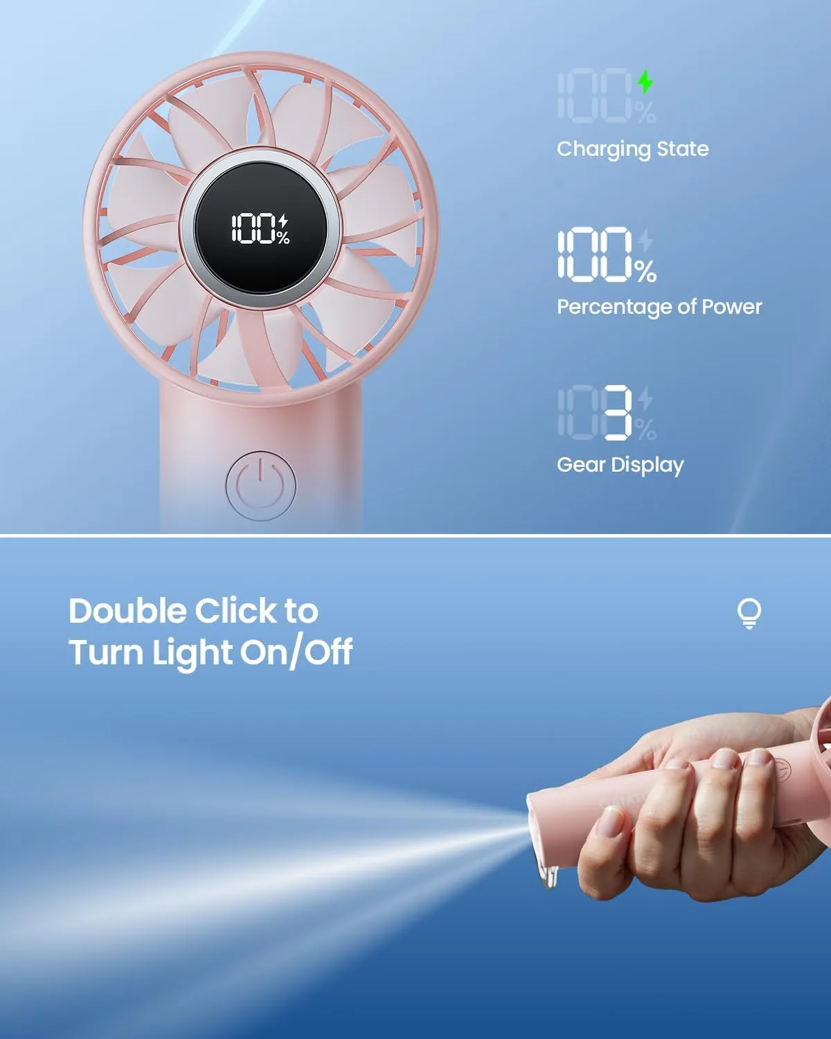 Gaiatop Portable Mini Fan, 3 Speed Handheld Fans with Power Display Flashlight, USB Rechargeable Battery, Lightweight Personal Cooling for Women Men Indoor Outdoor Travel Pink
