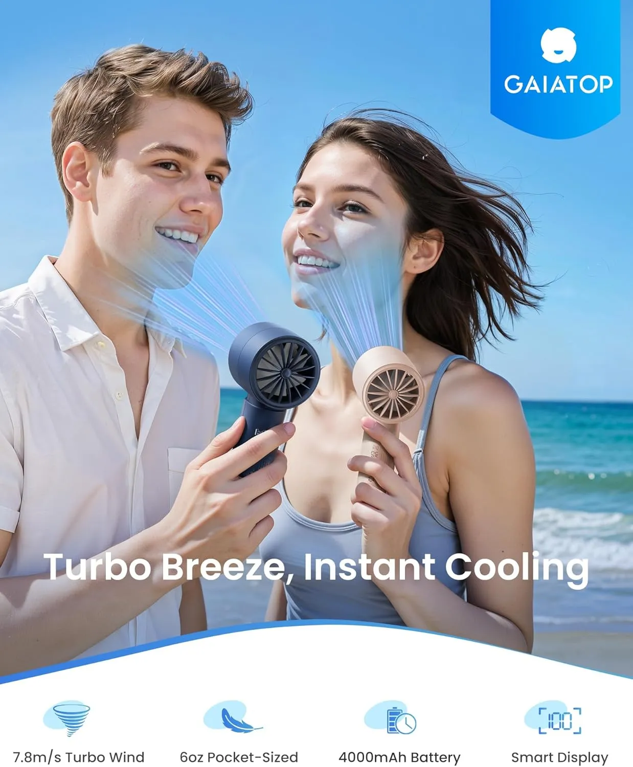 Gaiatop Small Handheld Fan Portable, Powerful High Speed Turbo Cooling, 4000mAh USB Rechargeable Battery Operated Mini Personal Fan, Summer Outdoor Travel Essentials, Gifts for Women Men, Navy Blue