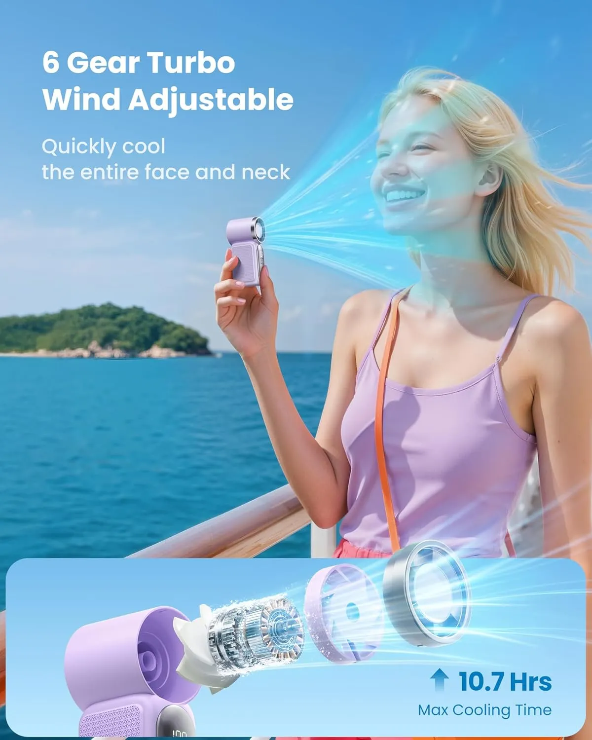 Gaiatop Super Mini Portable Handheld Fan, 3.5 Inch Personal Turbo Fan, 16900 RPM 6 Speeds Strong Wind, LED Display, USB Rechargeable Battery for Travel Outdoor, Gift for Women Girl Makeup, Purple
