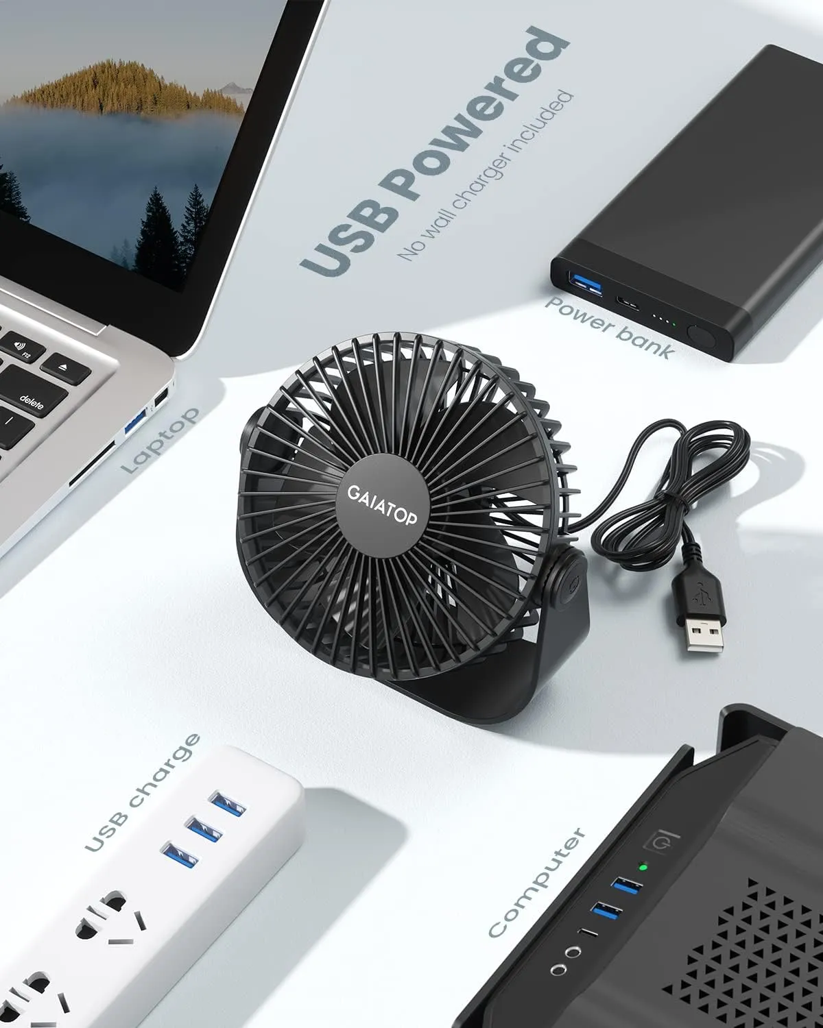 Gaiatop USB Desk Fan, 3 Speeds Strong Airflow, 5.5 Inch Portable 90 Rotate Quiet Cooling, Small Personal Table Fans for Bedroom Home Office Travel Black