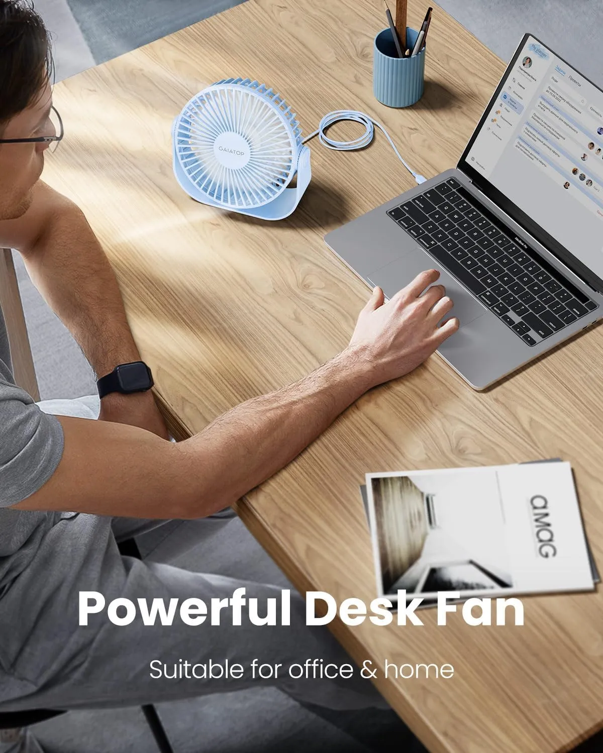 Gaiatop USB Desk Fan, 3 Speeds Strong Airflow, 5.5 Inch Portable 90 Rotate Quiet Cooling, Small Personal Table Fans for Bedroom Home Office Travel Blue