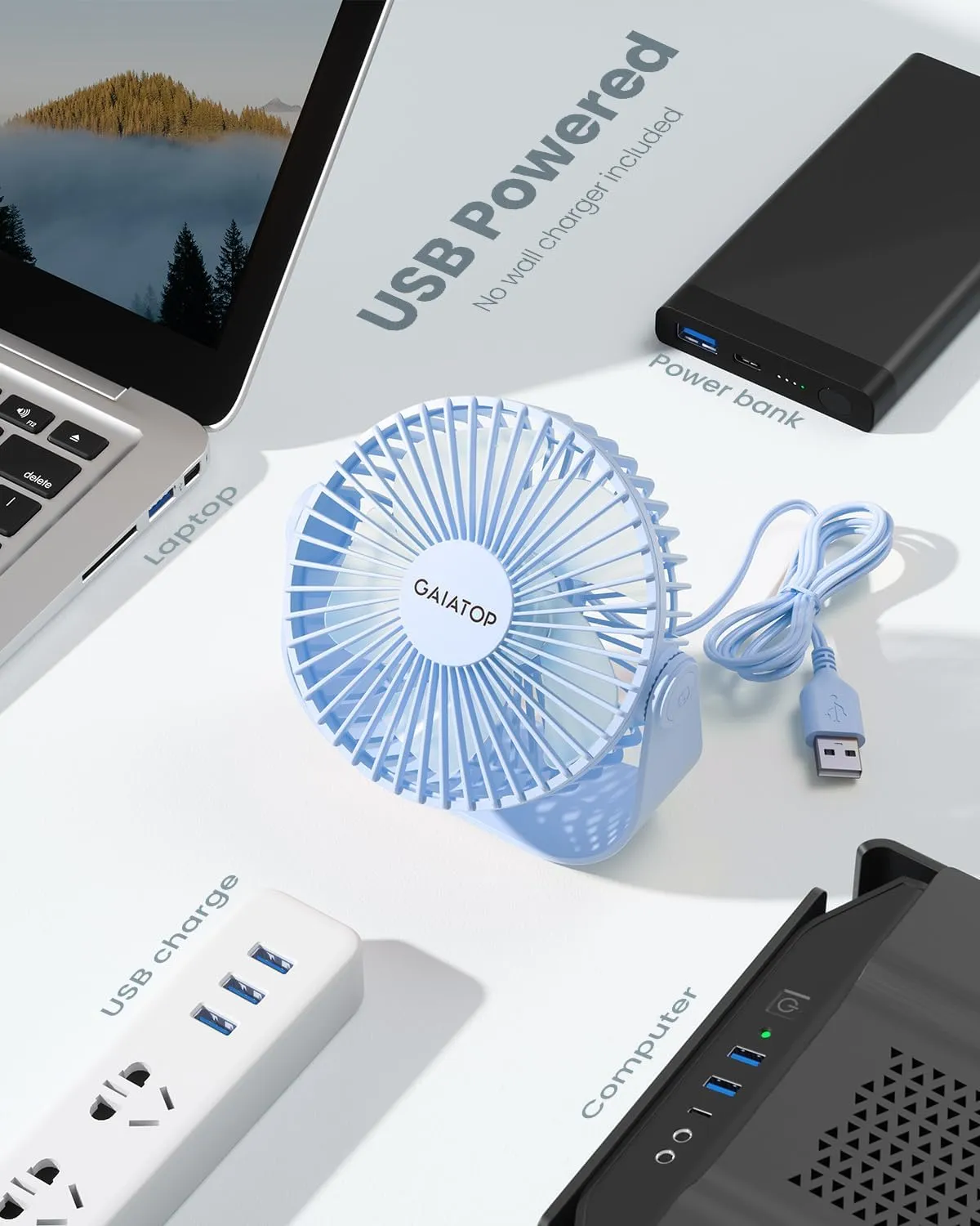 Gaiatop USB Desk Fan, 3 Speeds Strong Airflow, 5.5 Inch Portable 90 Rotate Quiet Cooling, Small Personal Table Fans for Bedroom Home Office Travel Blue