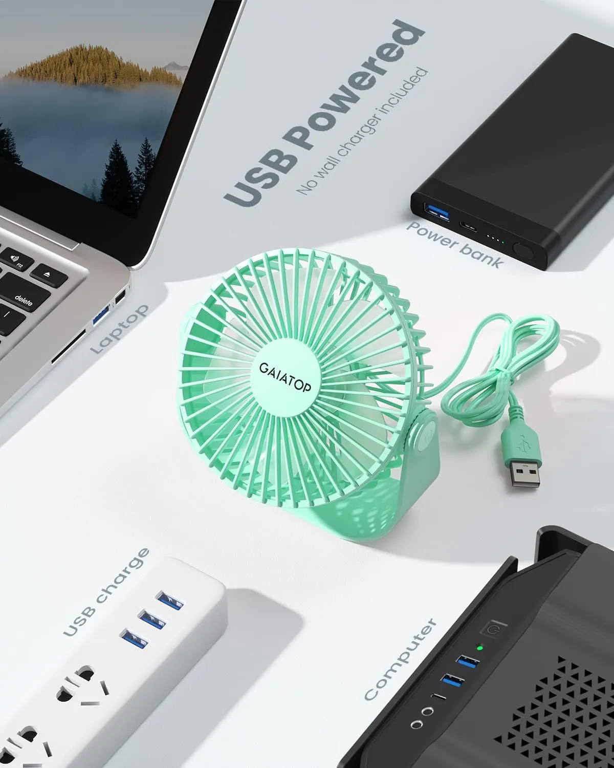 Gaiatop USB Desk Fan, 3 Speeds Strong Airflow, 5.5 Inch Portable 90 Rotate Quiet Cooling, Small Personal Table Fans for Bedroom Home Office Travel Green