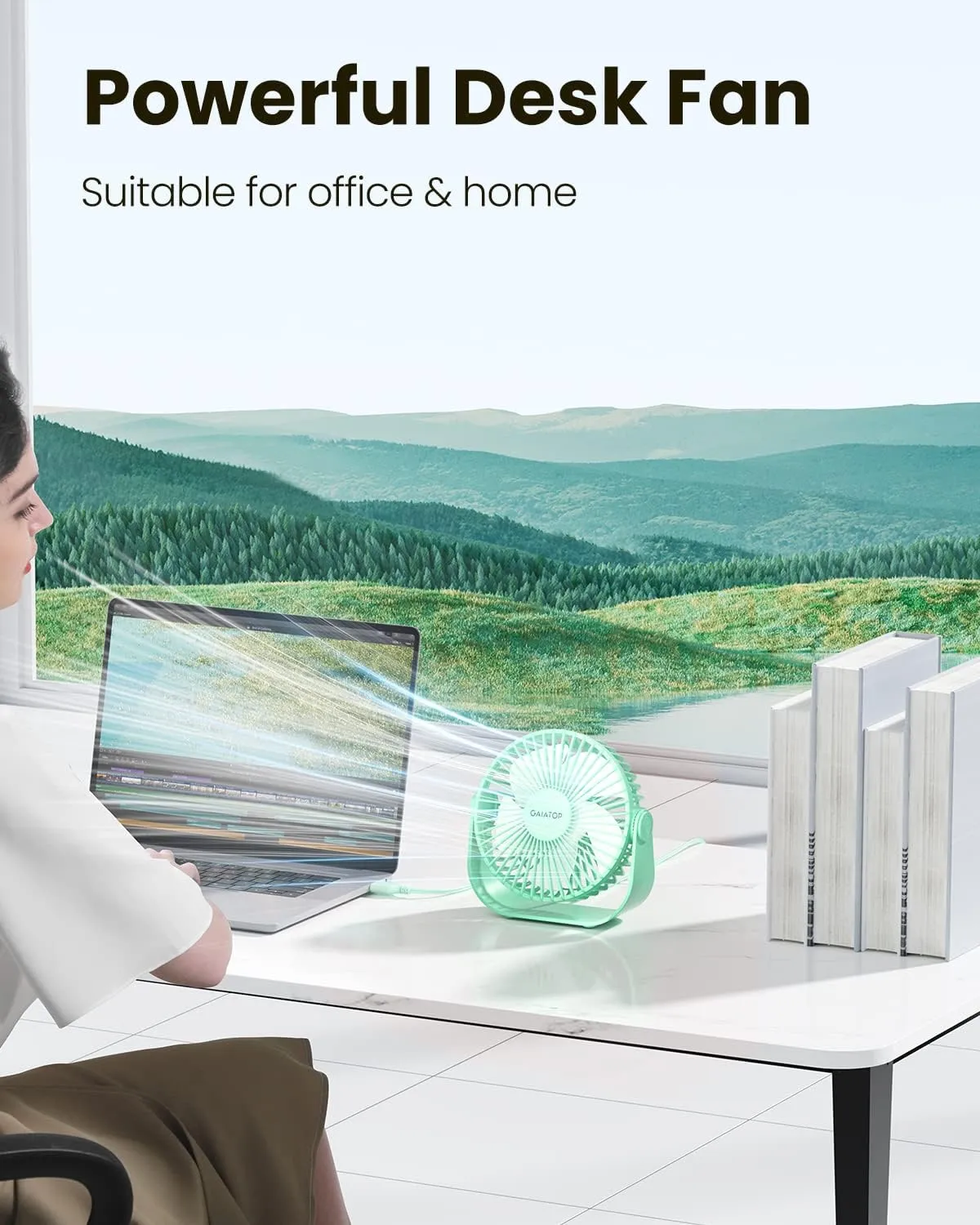 Gaiatop USB Desk Fan, 3 Speeds Strong Airflow, 5.5 Inch Portable 90 Rotate Quiet Cooling, Small Personal Table Fans for Bedroom Home Office Travel Green