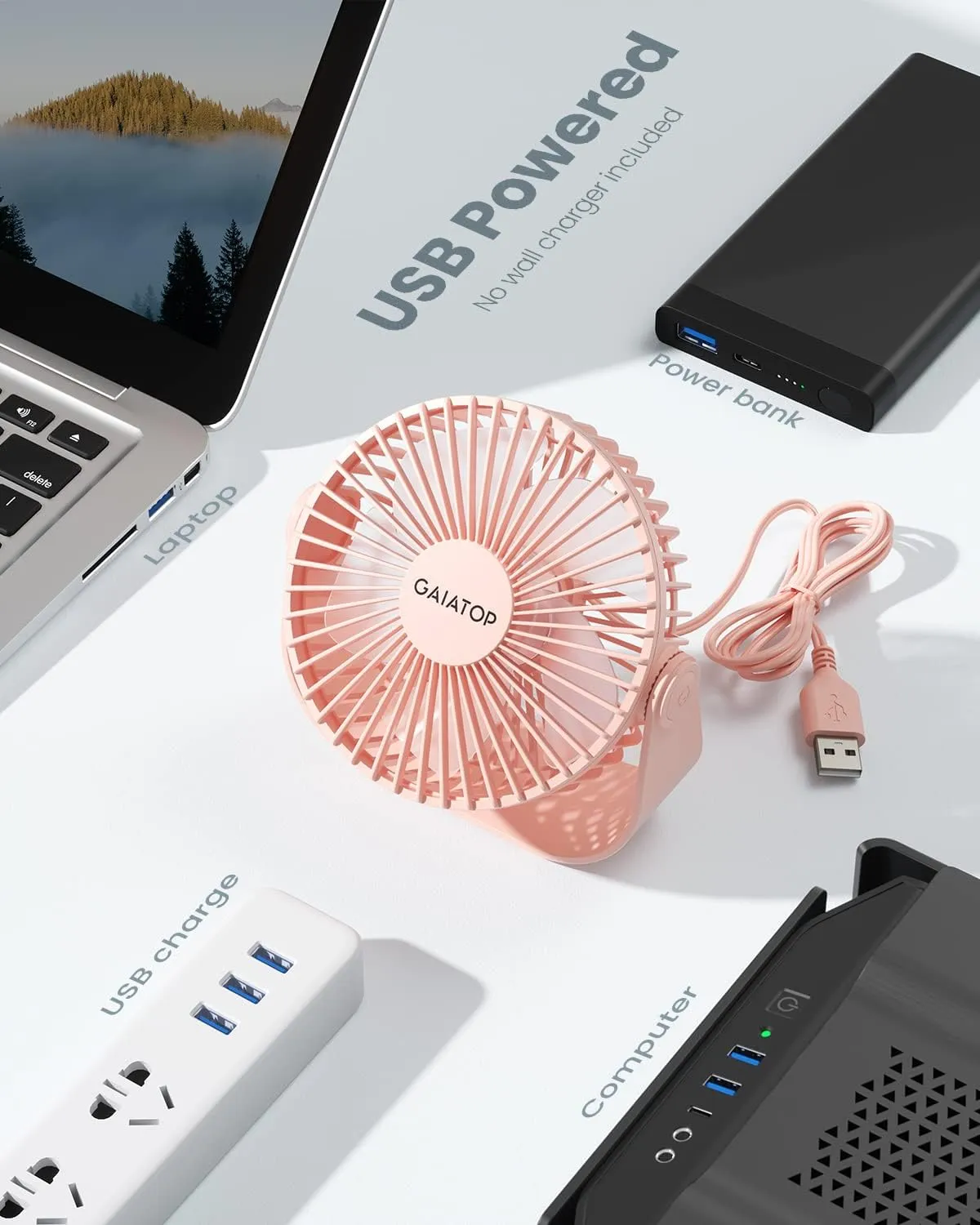 Gaiatop USB Desk Fan, 3 Speeds Strong Airflow, 5.5 Inch Portable 90 Rotate Quiet Cooling, Small Personal Table Fans for Bedroom Home Office Travel Pink