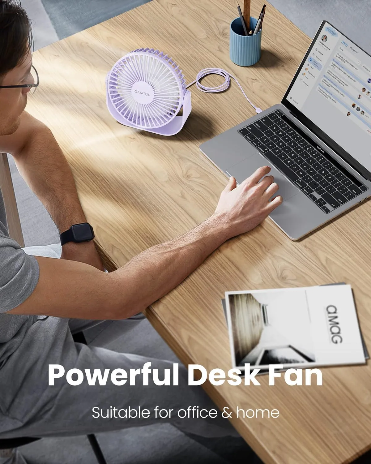 Gaiatop USB Desk Fan, 3 Speeds Strong Airflow, 5.5 Inch Portable 90 Rotate Quiet Cooling, Small Personal Table Fans for Bedroom Home Office Travel Purple
