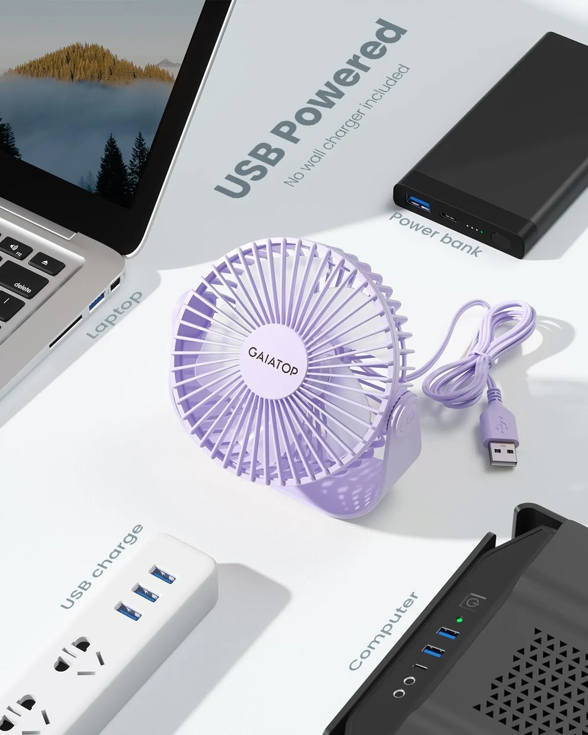 Gaiatop USB Desk Fan, 3 Speeds Strong Airflow, 5.5 Inch Portable 90 Rotate Quiet Cooling, Small Personal Table Fans for Bedroom Home Office Travel Purple
