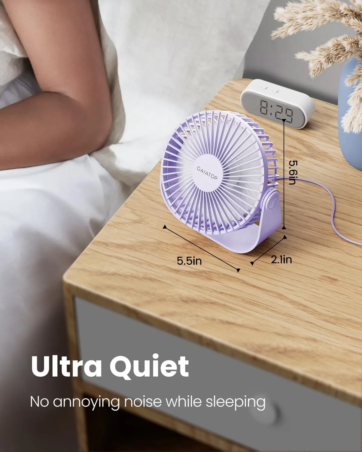 Gaiatop USB Desk Fan, 3 Speeds Strong Airflow, 5.5 Inch Portable 90 Rotate Quiet Cooling, Small Personal Table Fans for Bedroom Home Office Travel Purple