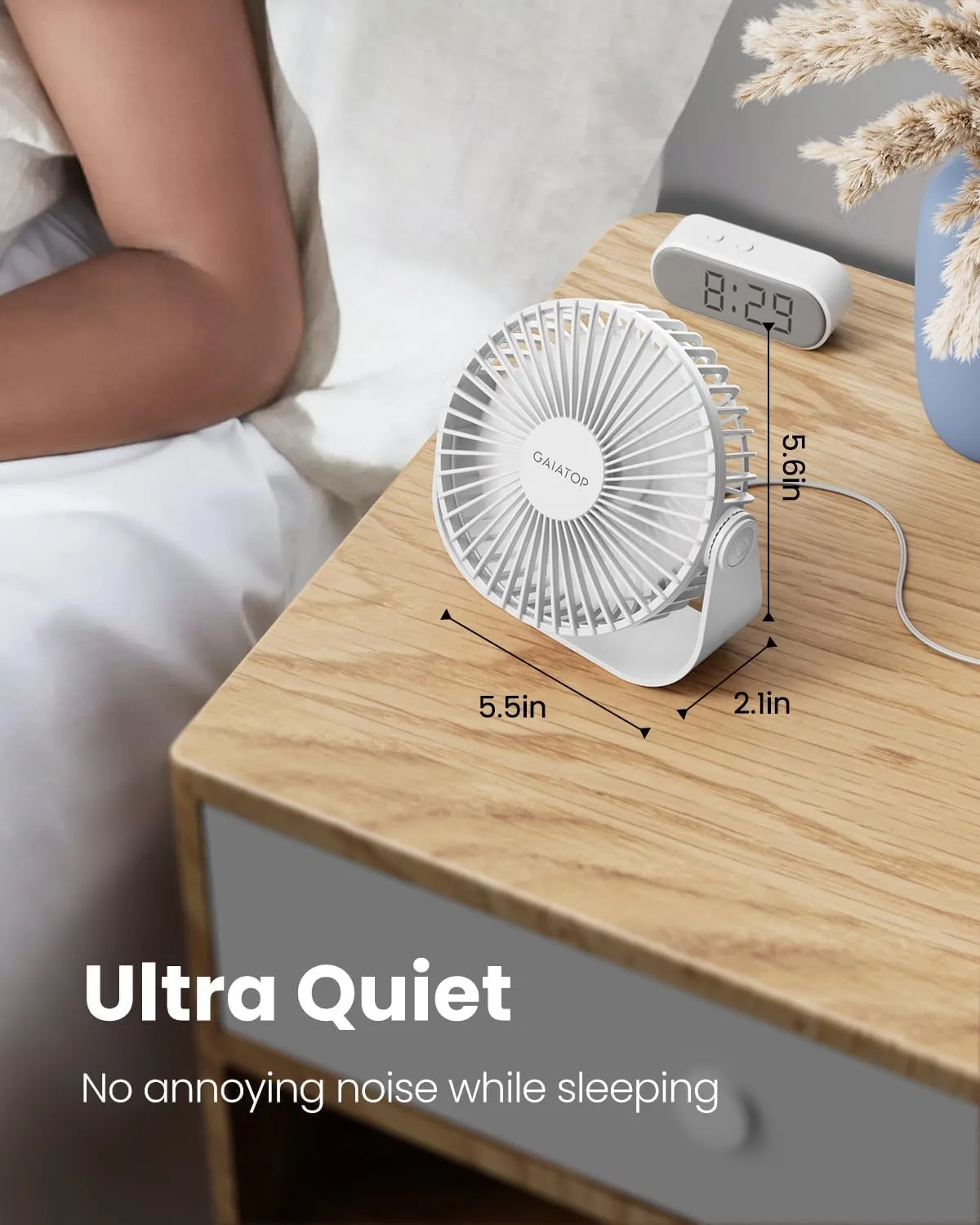Gaiatop USB Desk Fan, 3 Speeds Strong Airflow, 5.5 Inch Portable 90 Rotate Quiet Cooling, Small Personal Table Fans for Bedroom Home Office Travel White