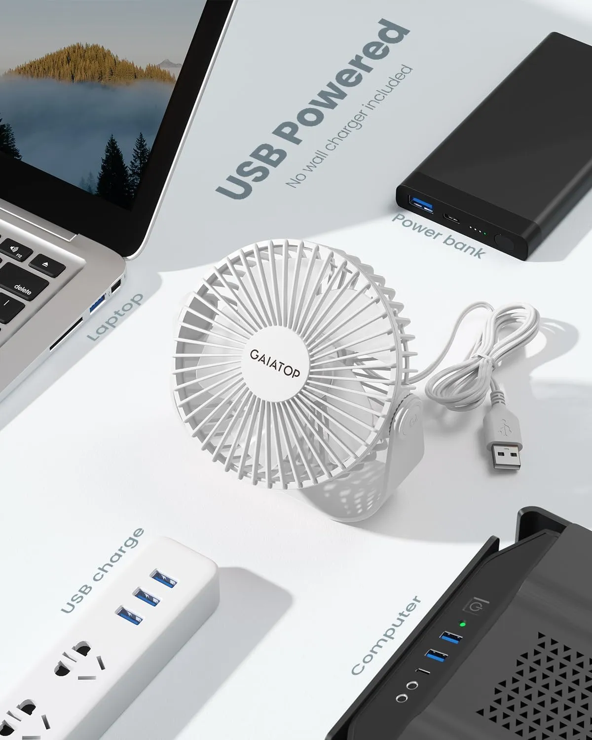 Gaiatop USB Desk Fan, 3 Speeds Strong Airflow, 5.5 Inch Portable 90 Rotate Quiet Cooling, Small Personal Table Fans for Bedroom Home Office Travel White
