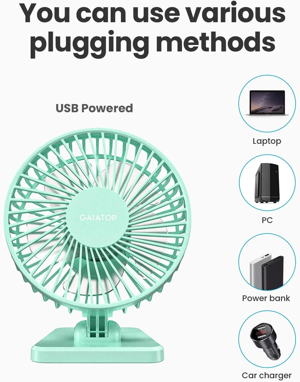 Gaiatop USB Desk Fan, Small But Powerful, Personal Portable Quiet 3 Speeds, Adjustable Mini Table Desktop fan for Cooling Home Office Car Summer Travel Gifts Green