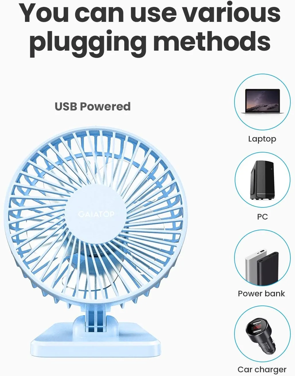 Gaiatop USB Desk Fan, Small But Powerful, Personal Portable Quiet 3 Speeds, Adjustable Mini Table Desktop fan for Cooling Home Office Car Summer Travel Gifts Light blue