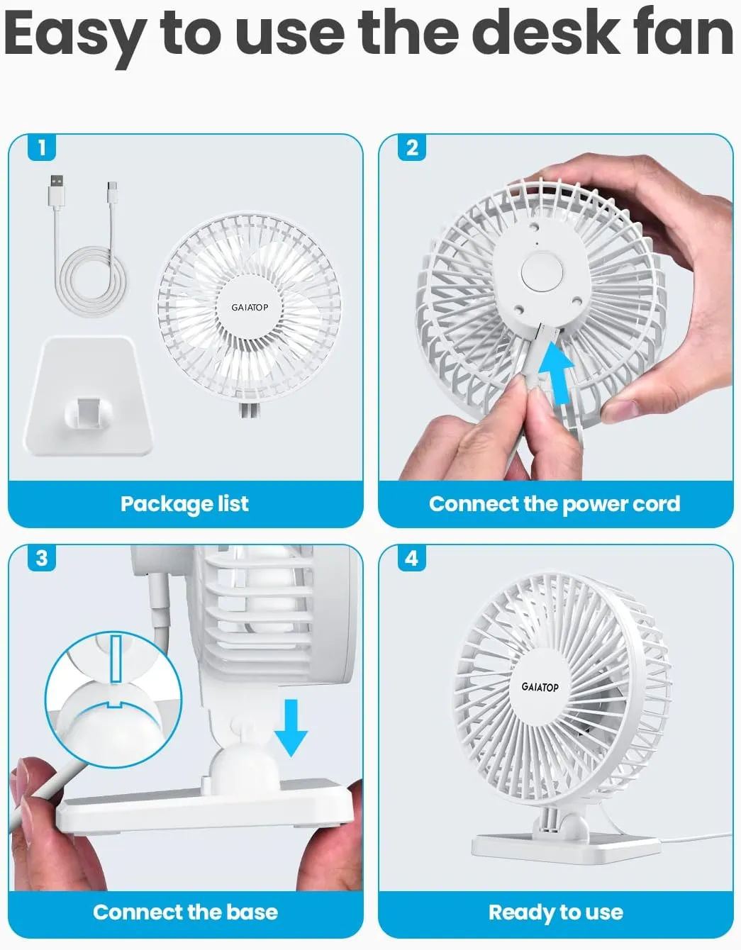 Gaiatop USB Desk Fan, Small But Powerful, Personal Portable Quiet 3 Speeds, Adjustable Mini Table Desktop fan for Cooling Home Office Car Summer Travel Gifts White