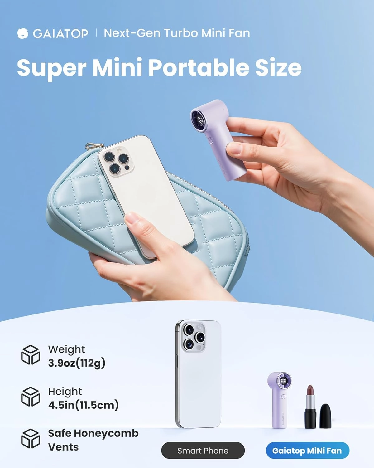Gaiatop Mini Portable Handheld Fan, Personal Turbo Fans Pocket Size, 15h Max Runtime, High Speed 1-100 Adjustable Powerful Small Hand Fan, Outdoor Travel Concert Essentials Gifts for Women Men, Purple