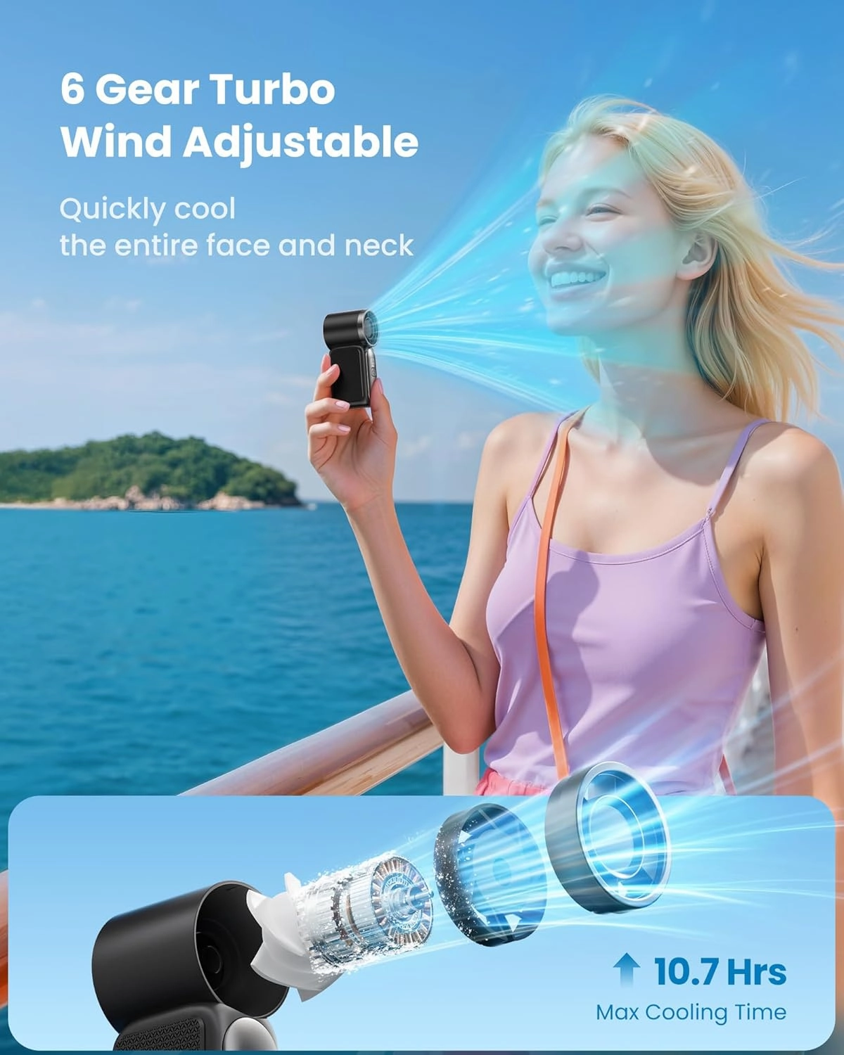 Gaiatop Mini Portable Handheld Fan Rechargeable, 3.5 Inch 16900 RPM Turbo Hand Held Fan, 6 Speeds Strong Wind, LED Display, Pocket Gift for Men Boys Women Girl, Travel Camping Concerts Outdoor, Black