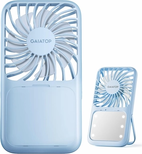 Gaiatop Portable Handheld Fan, Folding Stand for Desktop, 3 Speed LED Makeup Mirror with Light, Rechargeable Mini Personal Fans Small Travel Essentials Gifts for Women Girls Blue Mini handheld fan for personal cooling