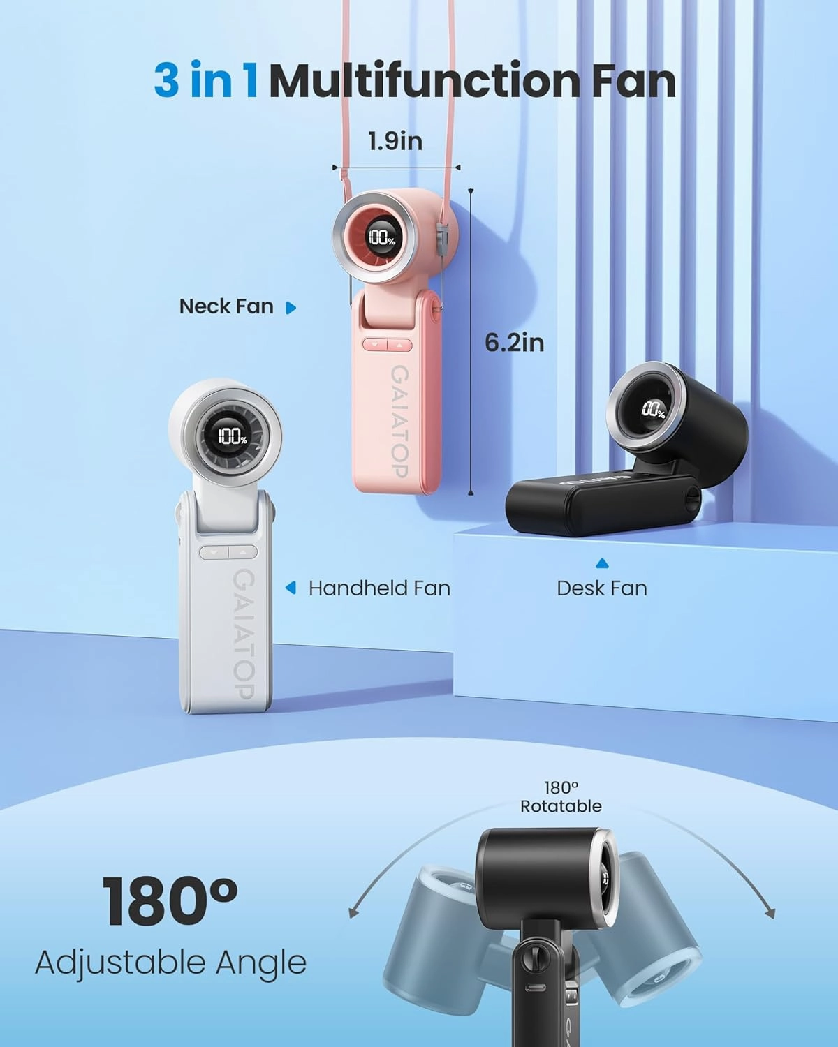 Gaiatop Portable Handheld Mini Fan, 21 Working Hours 6 Speeds, Rechargeable Battery Operated, 180 Foldable with LED Display, Small Desk Personal Fan for Women Gifts Travel, Working- Black