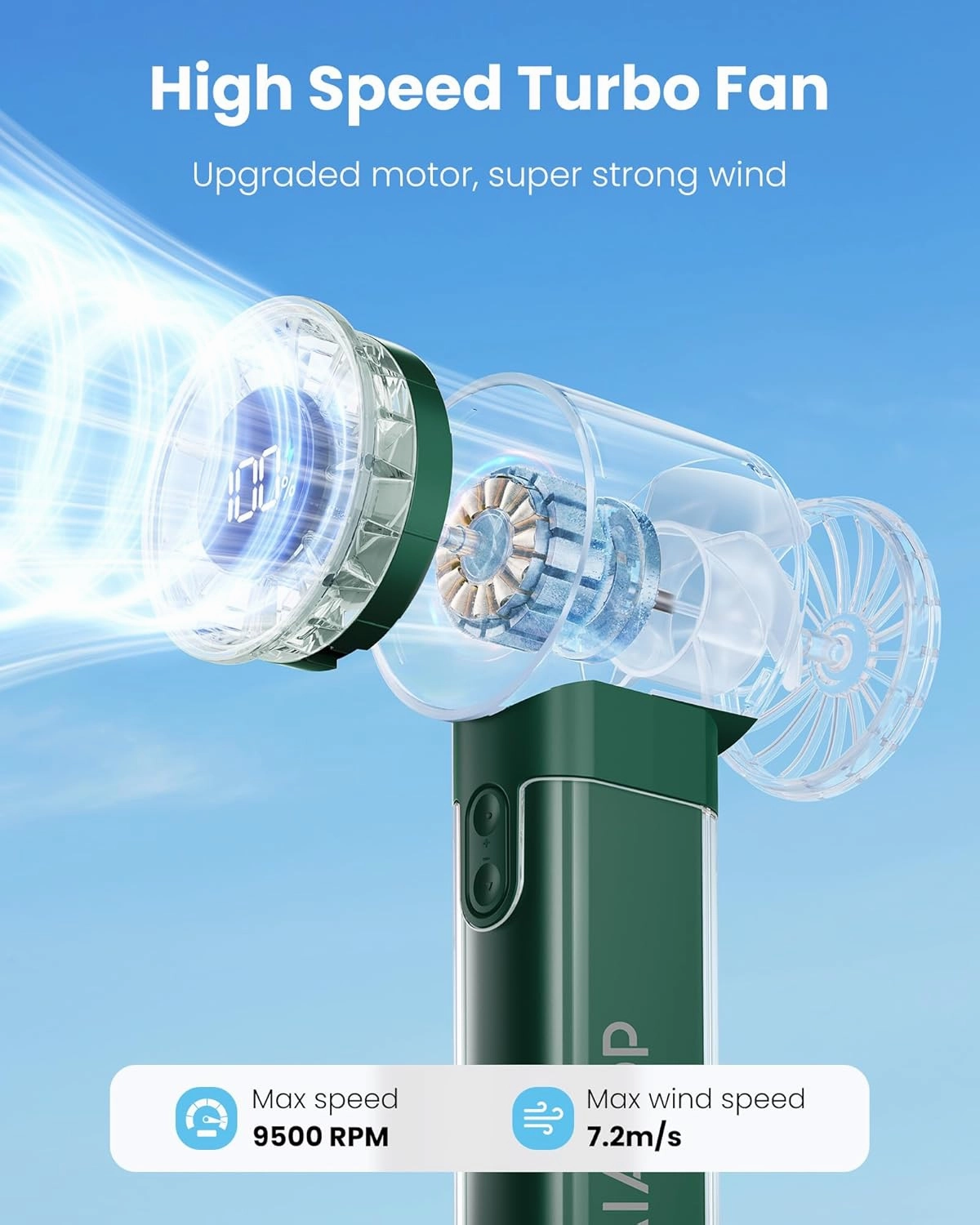 Gaiatop Portable Handheld Turbo Fan, 1-100 Adjustable High Speeds, 3-20Hrs Cooling Times, 4800mAh USB Rechargeable Portable Small Hand Fans with Lanyard for Outdoor, Travel, Concert, Home, Army Green