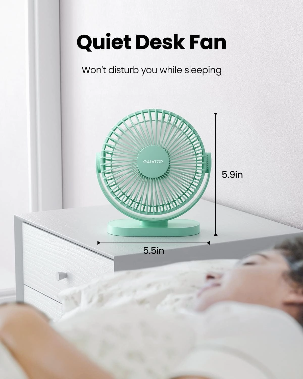 Gaiatop USB Desk Fan, 5.5 Inch Small Quiet Powerful 3 Speeds 90 Rotate, Personal Mini Portable Desktop Table Fans, Cooling for Home Office Car Travel Indoor Outdoor Green