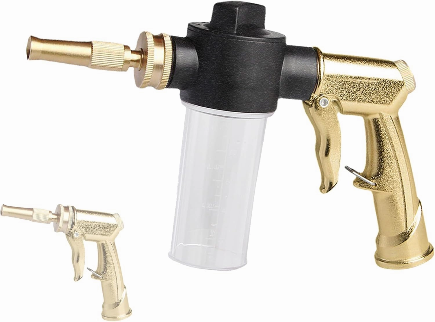 Garden Hose Nozzle Sprayer with 3.5oz Plastic Soap Dispenser Bottle, Heavy Duty High Pressure Car Wash Foam Gun, Adjustable Nozzle for Gardening, Solar Panel Cleaning, Pet Showering (Brass) Solar-powered car fan for ventilation