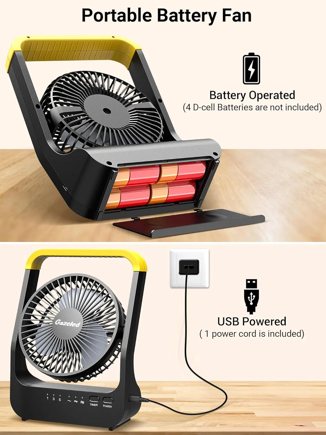 Gazeled Battery Powered Fan, Super Long Lasting Battery Powered Fans for Camping, Portable D-Cell Desk Fan with Timer, 3 Speeds, Whisper Quiet, 180 Rotation, for Office,Bedroom,Outdoor, 5''