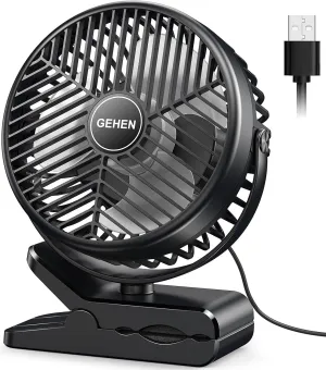 GEHEN Clip-On Fan with Sturdy Clamp, USB-Powered Fan 3-Speed, Ultra-Quiet Operation Ideal for Bedroom, Office, & Stroller USB desktop fan for workspace