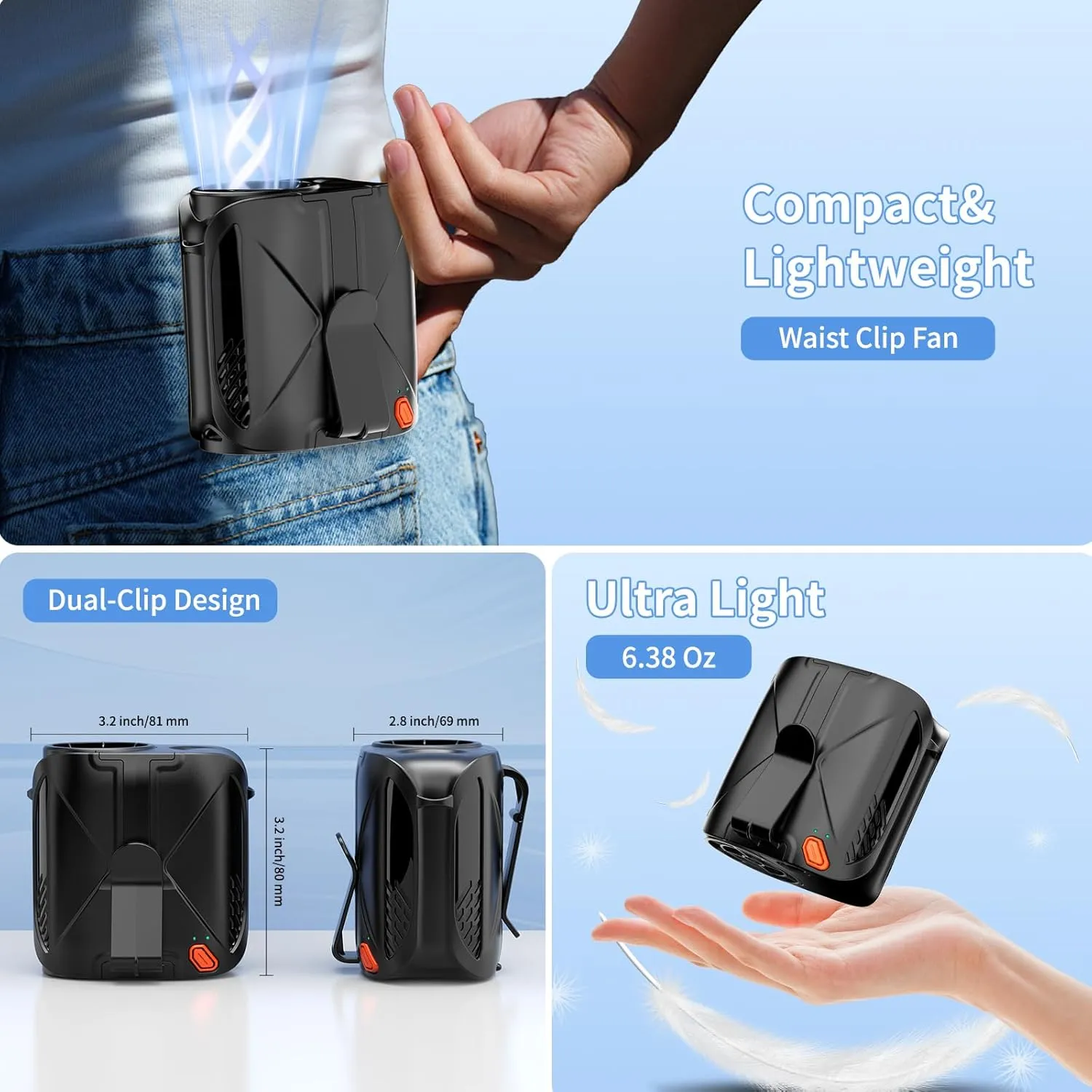 GEHEN Portable Waist Fan, 6000mAh Rechargeable Battery Operated Up to 31H Working Time, Clip-on/Wearable Belt Fan, 6 Speeds 14000RPM Strong Airflow, Hanging Neck Fan for Outdoor Jobsite(Black)