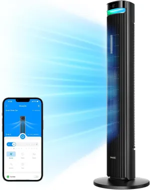 GoveeLife 42'' Tower Fan for Bedroom, Smart Floor Fans with 150 Adjustable Oscillating, APP & Voice Control, 5 Modes 12 Speeds up to 26ft/s, 24H Timer, 27dB Quiet Fan for Cooling Home Office Black Tower bladeless fan for modern homes