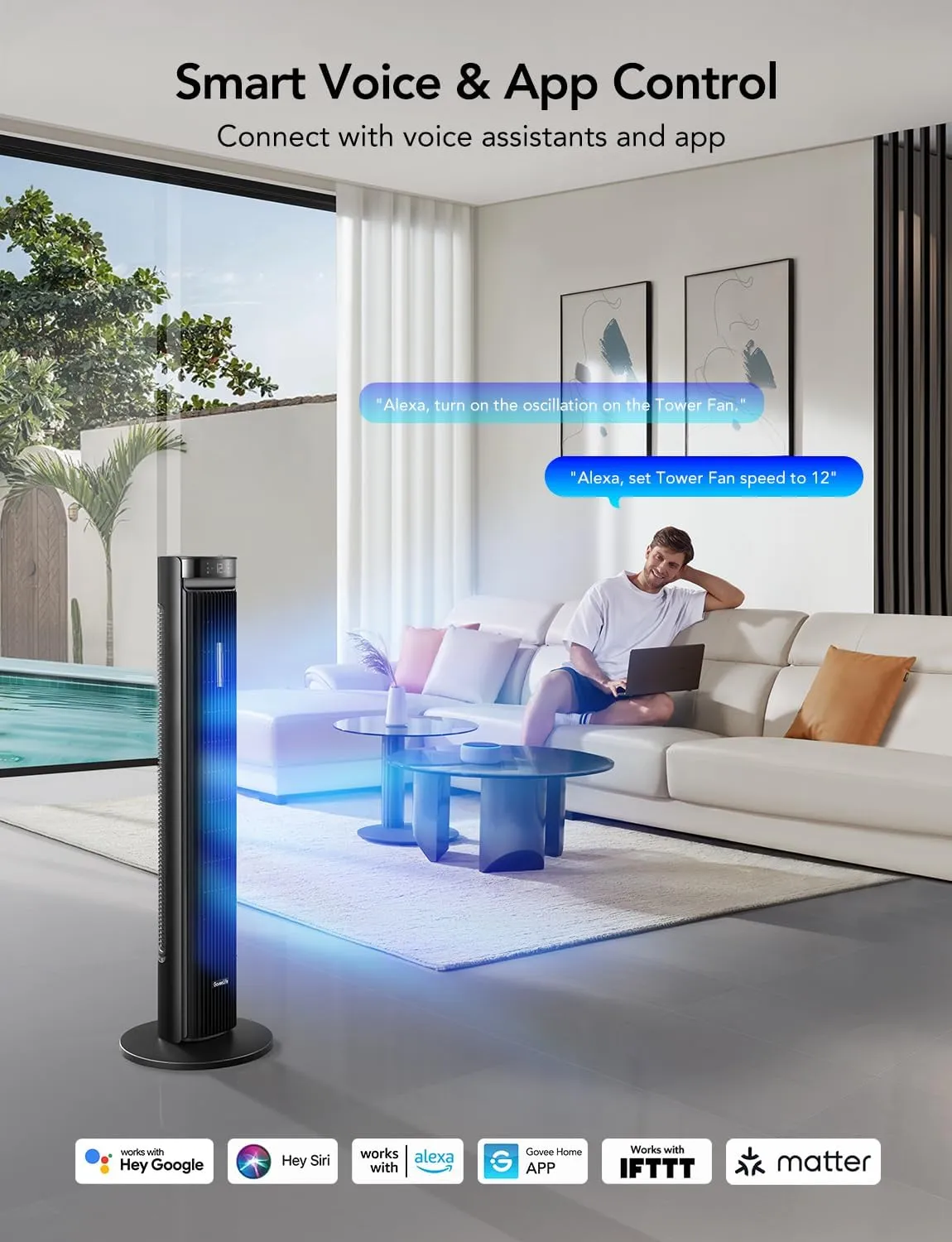 GoveeLife 42'' Tower Fan for Bedroom, Smart Floor Fans with 150 Adjustable Oscillating, APP & Voice Control, 5 Modes 12 Speeds up to 26ft/s, 24H Timer, 27dB Quiet Fan for Cooling Home Office Black