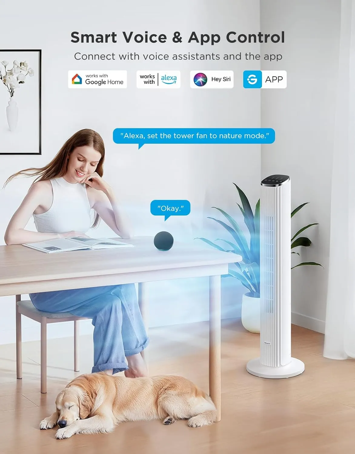 GoveeLife White Tower Fan for Bedroom, 36" Smart Floor Fan with App/Voice Control, Temperature Sensor, 5 Modes 8 Speeds(25ft/s), 29dB Quiet Oscillating Fan for Office, 24H Timer, Auto Cooling