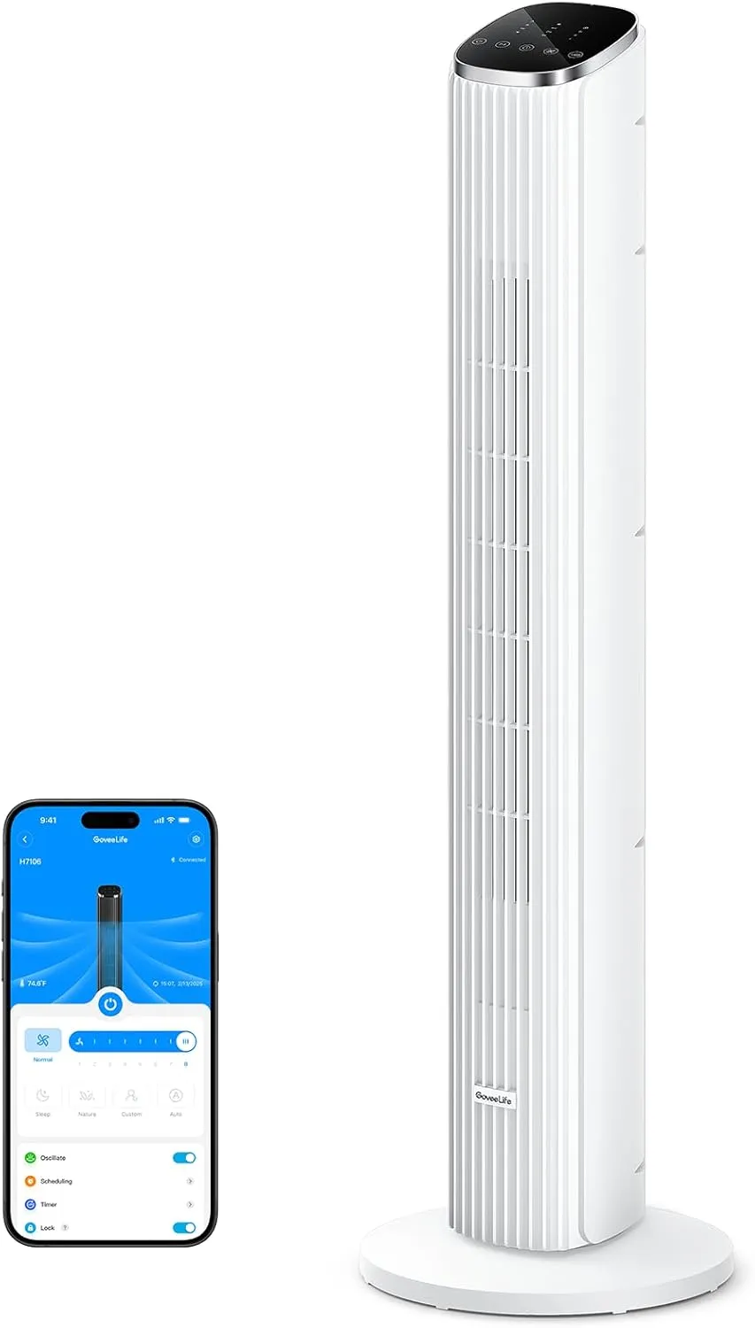 GoveeLife White Tower Fan for Bedroom, 36" Smart Floor Fan with App/Voice Control, Temperature Sensor, 5 Modes 8 Speeds(25ft/s), 29dB Quiet Oscillating Fan for Office, 24H Timer, Auto Cooling Tower bladeless fan for modern homes