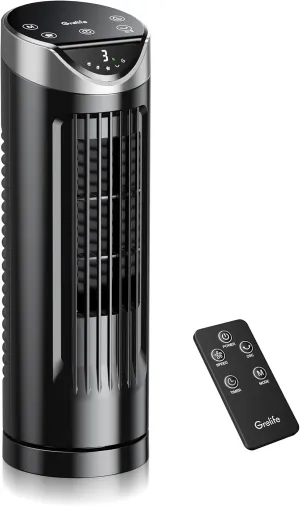 Grelife 13'' Tower Fan for Bedroom, 26dB Quiet Floor Fan with Remote, 3 Mode, 1-8H Timer, 90 Oscillating Fans for Indoors with 27ft/s Velocity, Portable Desk Table Fan for Room, Home, Office,Black Desktop fan with humidification feature