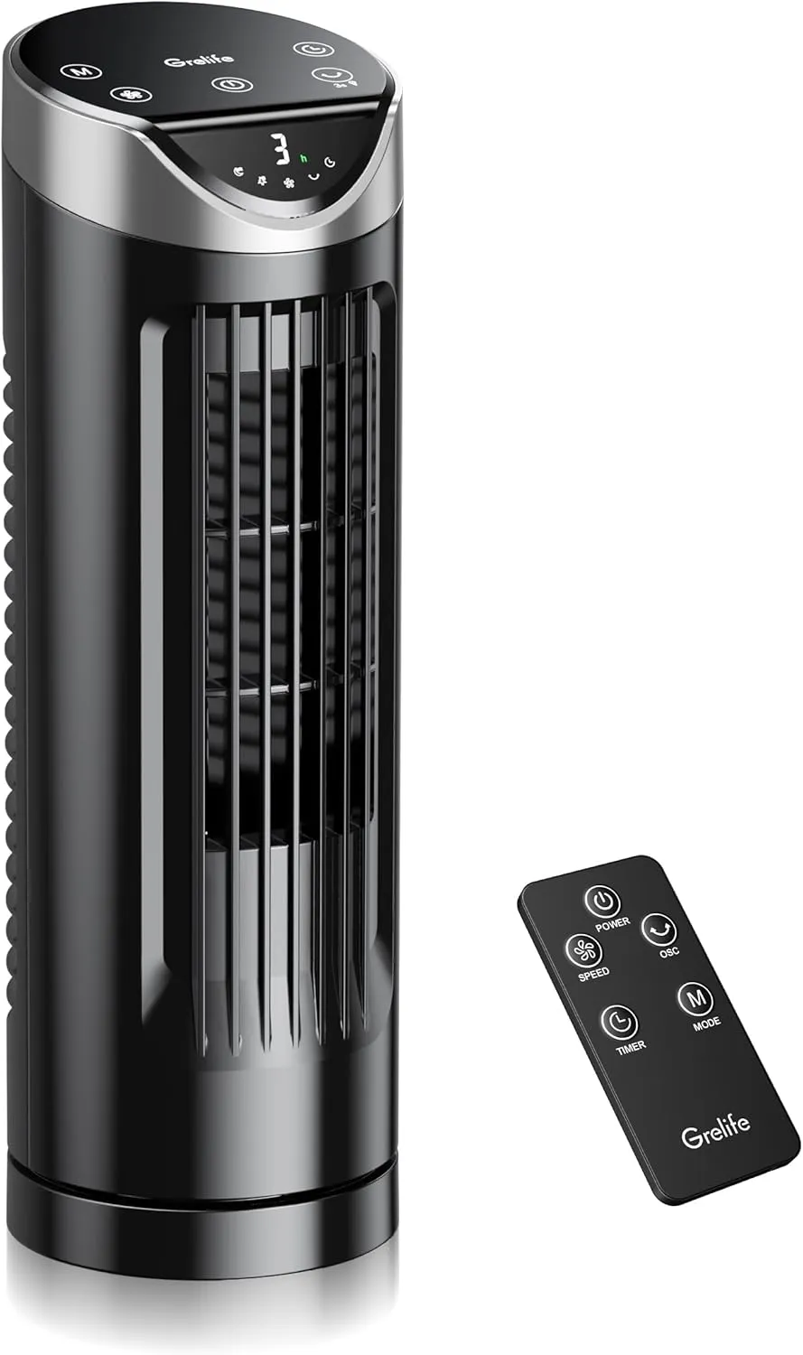 Grelife 13'' Tower Fan for Bedroom, 26dB Quiet Floor Fan with Remote, 3 Mode, 1-8H Timer, 90 Oscillating Fans for Indoors with 27ft/s Velocity, Portable Desk Table Fan for Room, Home, Office,Black Desktop fan with humidification feature