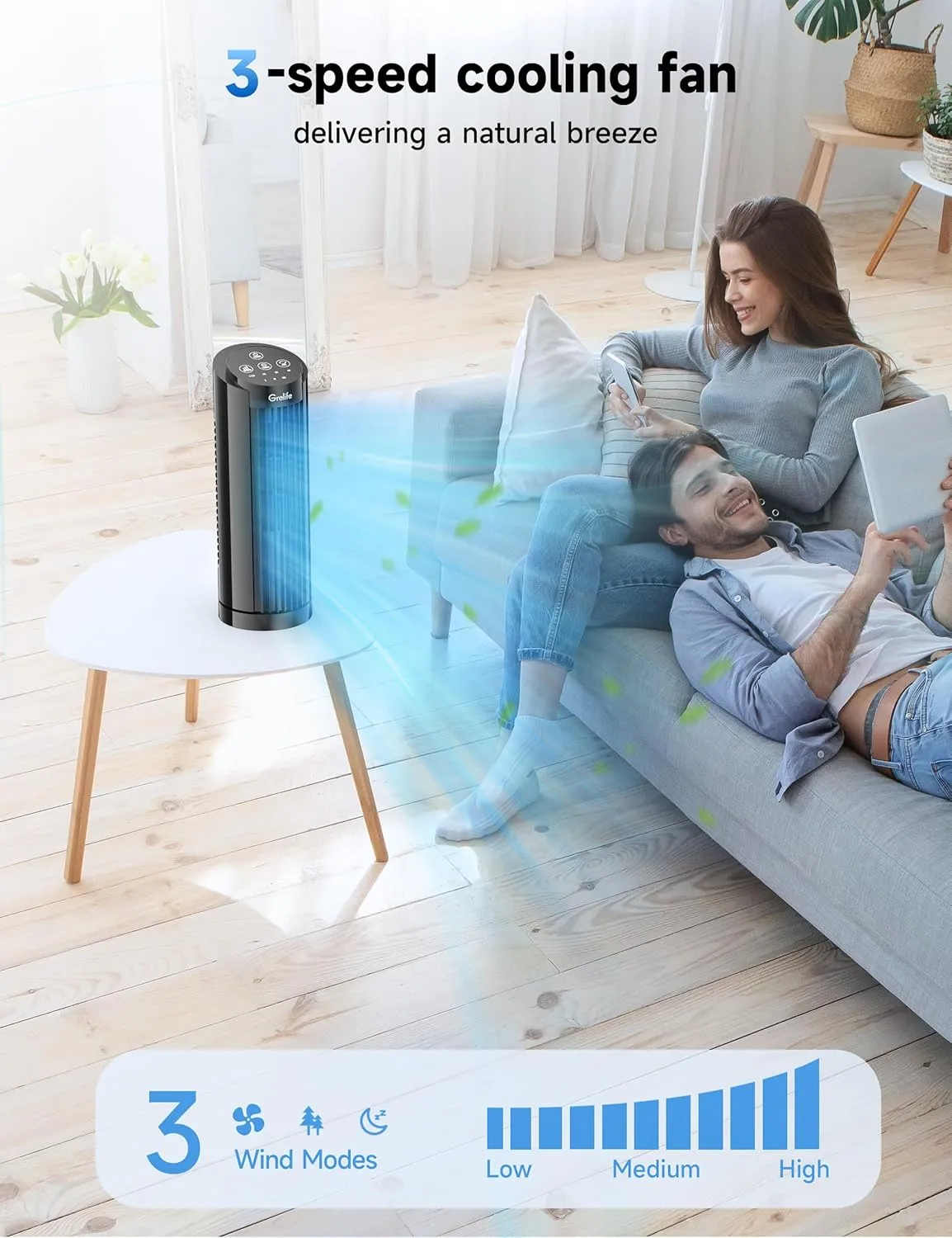 Grelife 13" Electronic Tower Fan with Remote Control, 3 Speed & 3 Modes, 90 Oscillation, LED Display, 7.5H Timer, Quiet Bladeless Cooling  Portable Space-Saving for Bedroom, Office, Home