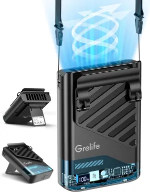 Grelife 2025 AI Portable Waist Fan Rechargeable with LED Display & 40H Runtime,5 Speed 10000RPM Cooling Personal Clip Fan,33ft/s Wind Speed Neck fan for Outdoor Work,Camping,Farm,Jobsite(Black) Waist-mounted portable fan for outdoor use