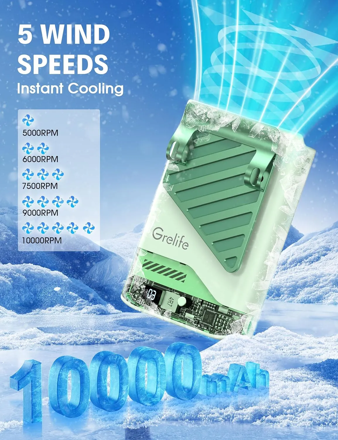 Grelife 2025 AI Portable Waist Fan Rechargeable with LED Display & 40H Runtime,5 Speed 10000RPM Cooling Personal Clip Fan,33ft/s Wind Speed Neck fan for Outdoor Work,Camping,Farm,Jobsite(Green)