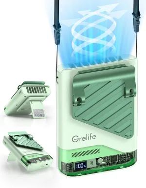 Grelife 2025 AI Portable Waist Fan Rechargeable with LED Display & 40H Runtime,5 Speed 10000RPM Cooling Personal Clip Fan,33ft/s Wind Speed Neck fan for Outdoor Work,Camping,Farm,Jobsite(Green) Waist-mounted portable fan for outdoor use