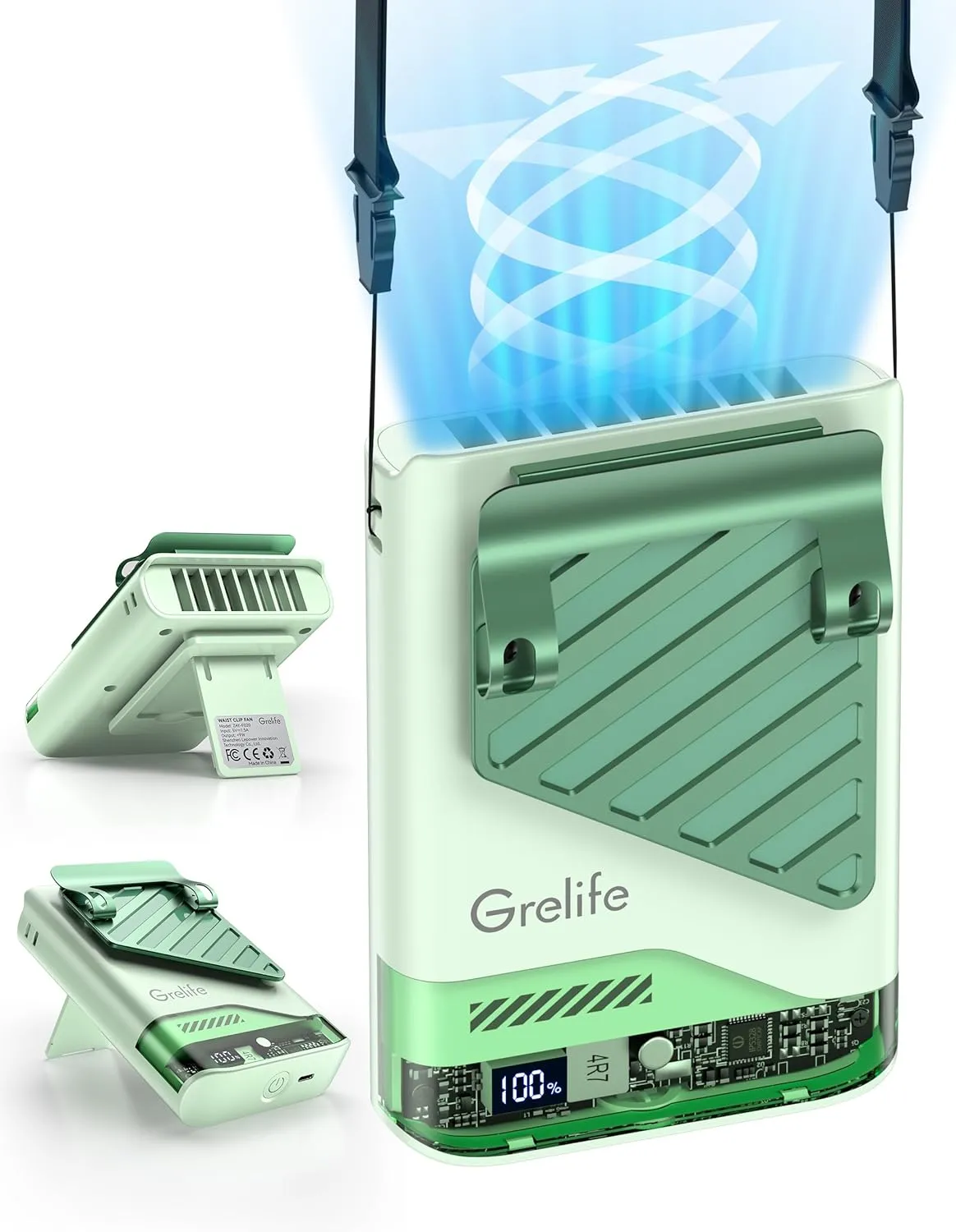 Grelife 2025 AI Portable Waist Fan Rechargeable with LED Display & 40H Runtime,5 Speed 10000RPM Cooling Personal Clip Fan,33ft/s Wind Speed Neck fan for Outdoor Work,Camping,Farm,Jobsite(Green) Waist-mounted portable fan for outdoor use