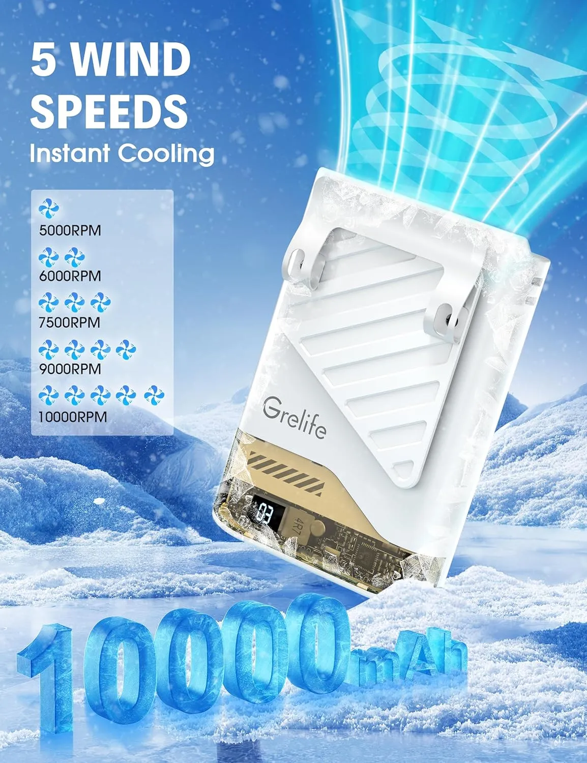 Grelife 2025 AI Portable Waist Fan Rechargeable with LED Display & 40H Runtime,5 Speed 10000RPM Cooling Personal Clip Fan,33ft/s Wind Speed Neck fan for Outdoor Work,Camping,Farm,Jobsite(White)