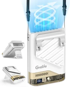 Grelife 2025 AI Portable Waist Fan Rechargeable with LED Display & 40H Runtime,5 Speed 10000RPM Cooling Personal Clip Fan,33ft/s Wind Speed Neck fan for Outdoor Work,Camping,Farm,Jobsite(White) Waist-mounted portable fan for outdoor use