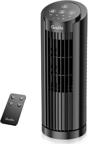 Grelife Tower Fan, 13" Electronic Model with Remote Control, 28dB Quiet Operation, 90 Wide Oscillation, 3 Speeds, 7.5H Timer, LED Display, Bladeless Safe Design for Bedroom Office Home Dorm and Desk Small bladeless fan for quiet cooling