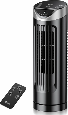 Grelife 13'' Tower Fan for Bedroom, 26dB Quiet Floor Fan with Remote, 3 Mode, 1-8H Timer, 90 Oscillating Fans for Indoors with 27ft/s Velocity, Portable Desk Table Fan for Room, Home, Office,Black Desktop fan with humidification feature