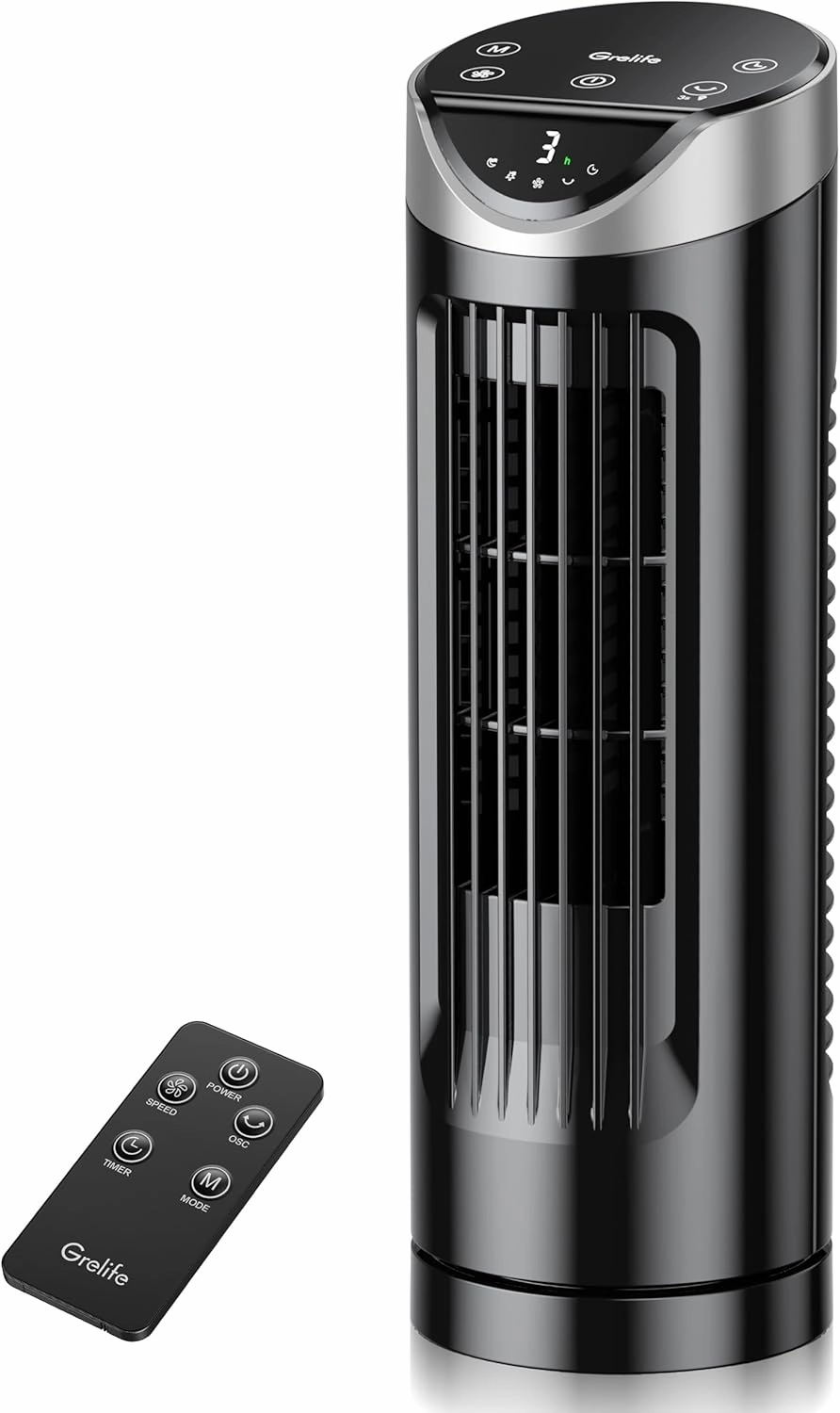 Grelife 13'' Tower Fan for Bedroom, 26dB Quiet Floor Fan with Remote, 3 Mode, 1-8H Timer, 90 Oscillating Fans for Indoors with 27ft/s Velocity, Portable Desk Table Fan for Room, Home, Office,Black Desktop fan with humidification feature